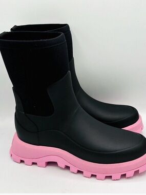 Hunter Black Ankle Rain Boots with Pink Lug Sole